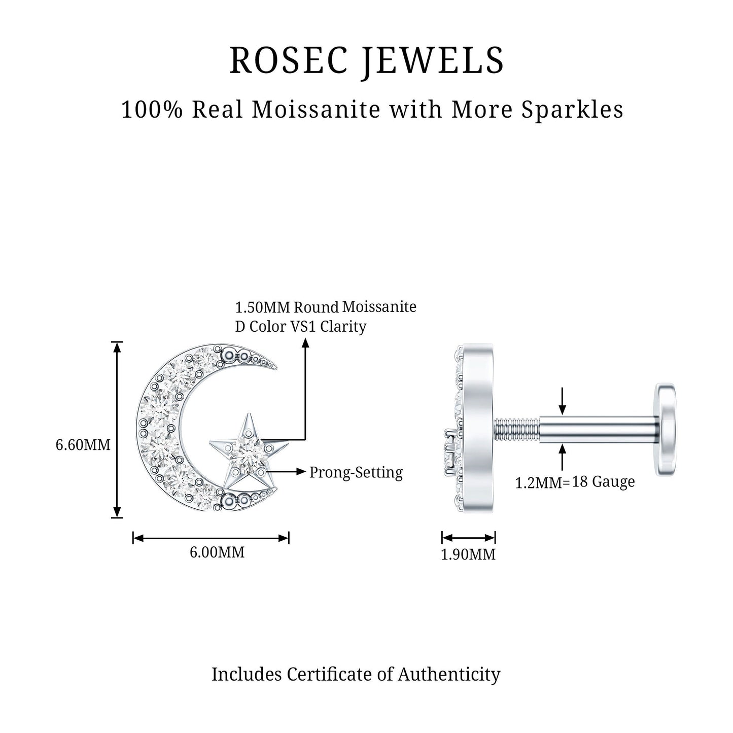 Moissanite Moon and Star Cartilage Earring