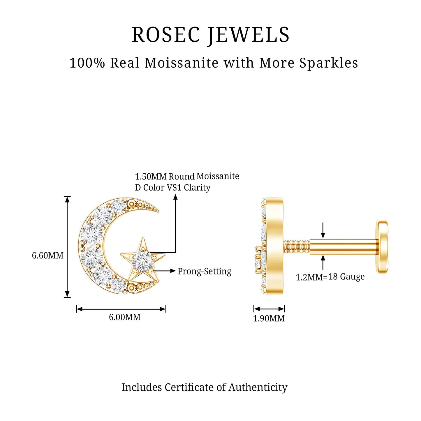 Moissanite Moon and Star Cartilage Earring