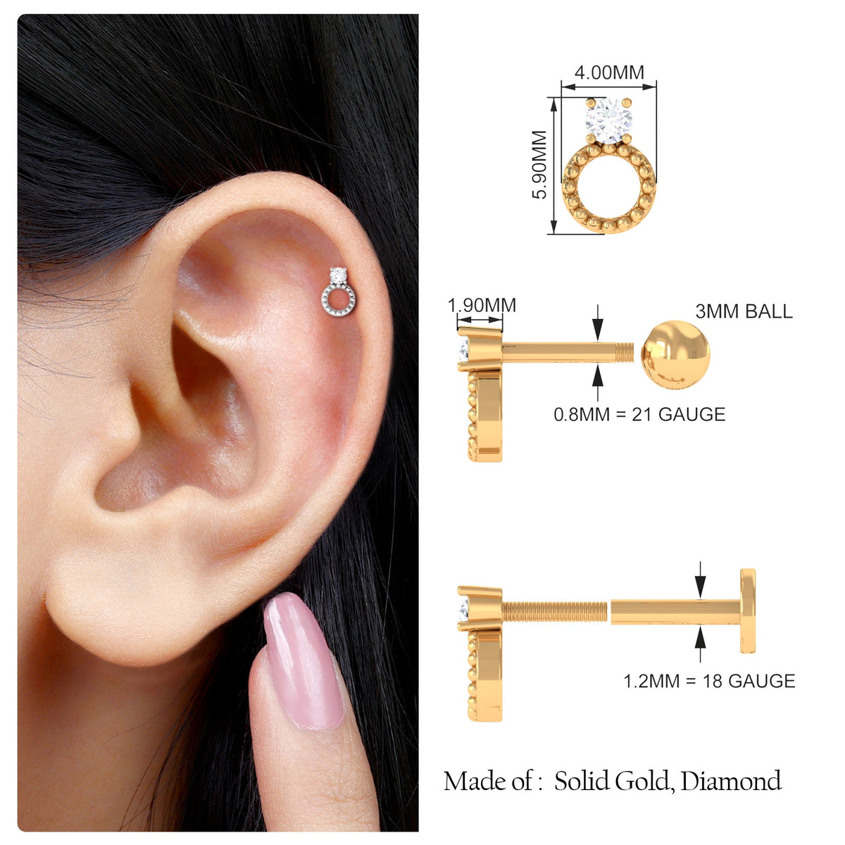 Round Diamond Beaded Circle Tragus Earring