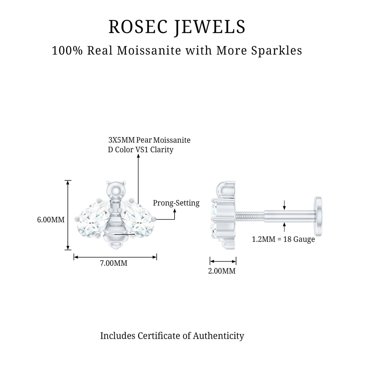 Pear Cut Moissanite Bee Earring for Cartilage Piercing