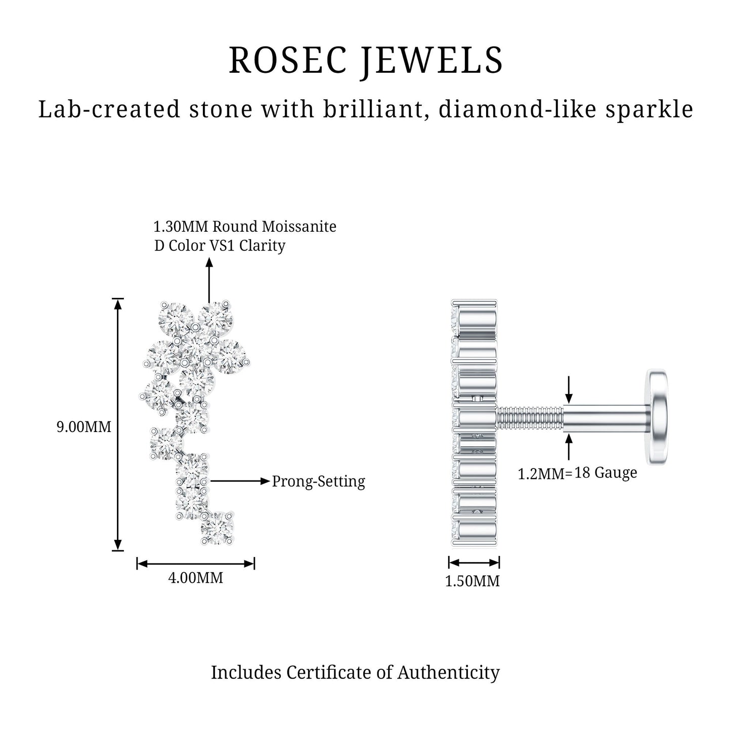 Moissanite Ear Crawler Earring for Cartilage Piercing