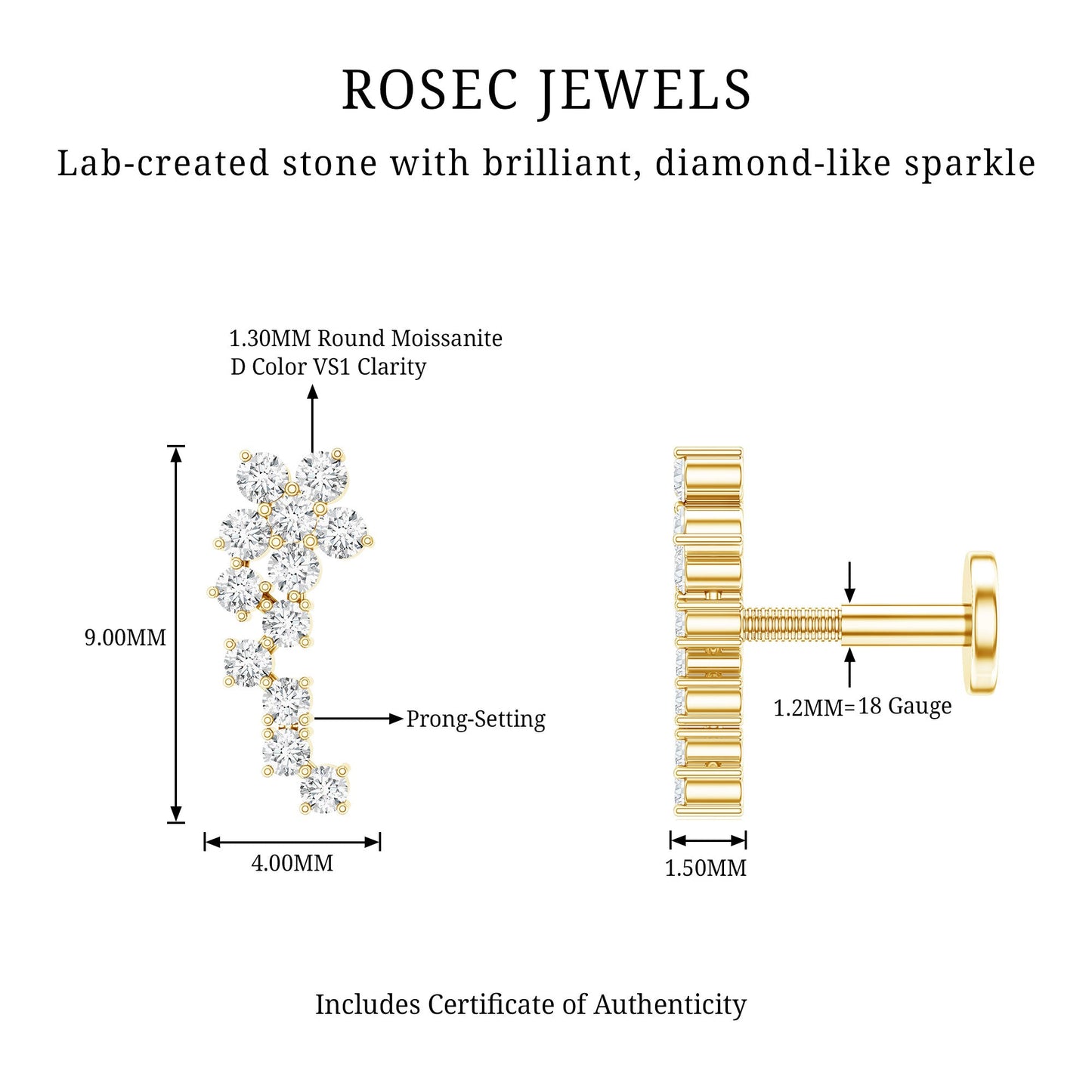 Moissanite Ear Crawler Earring for Cartilage Piercing