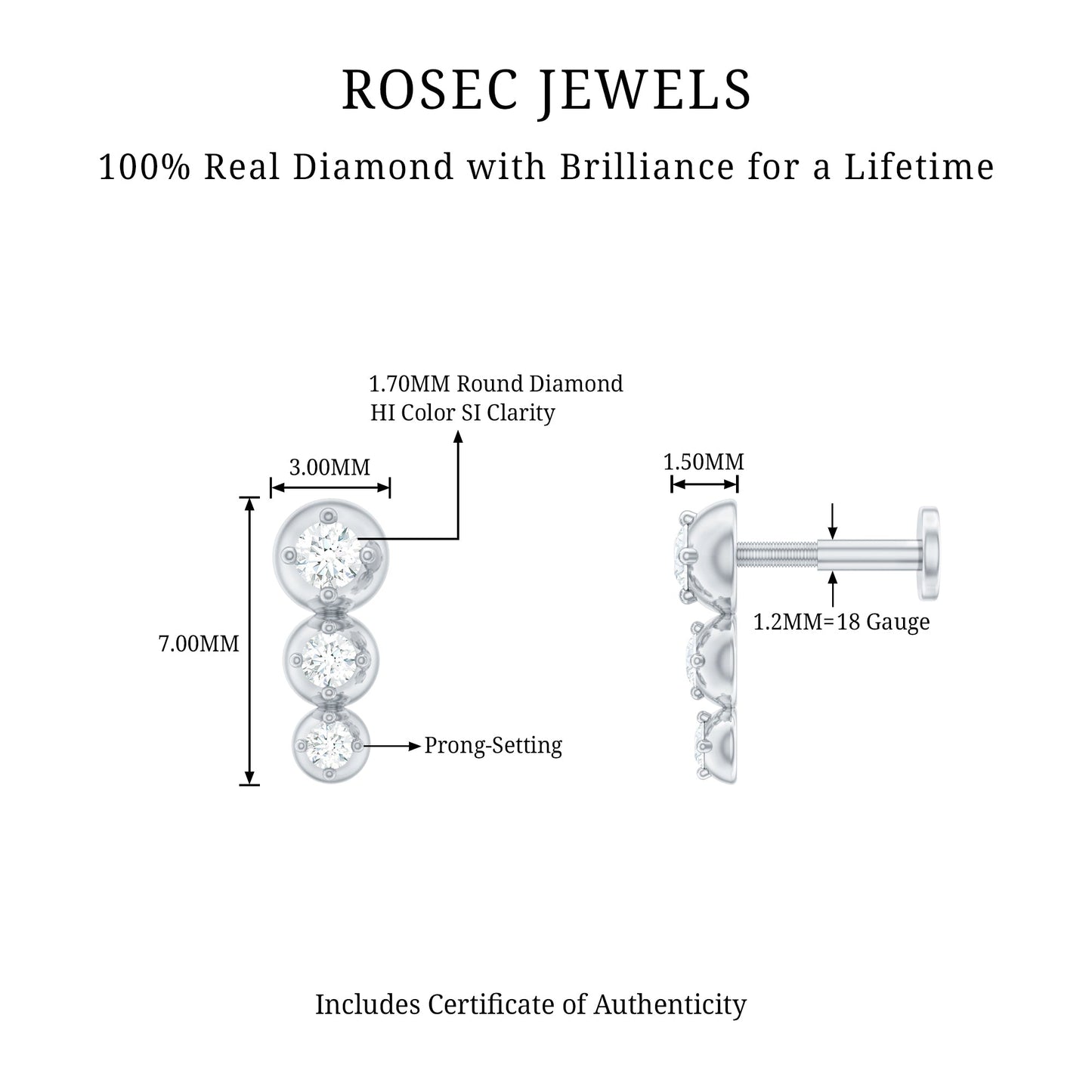 Natural Round Diamond Three Stone Tragus Earring