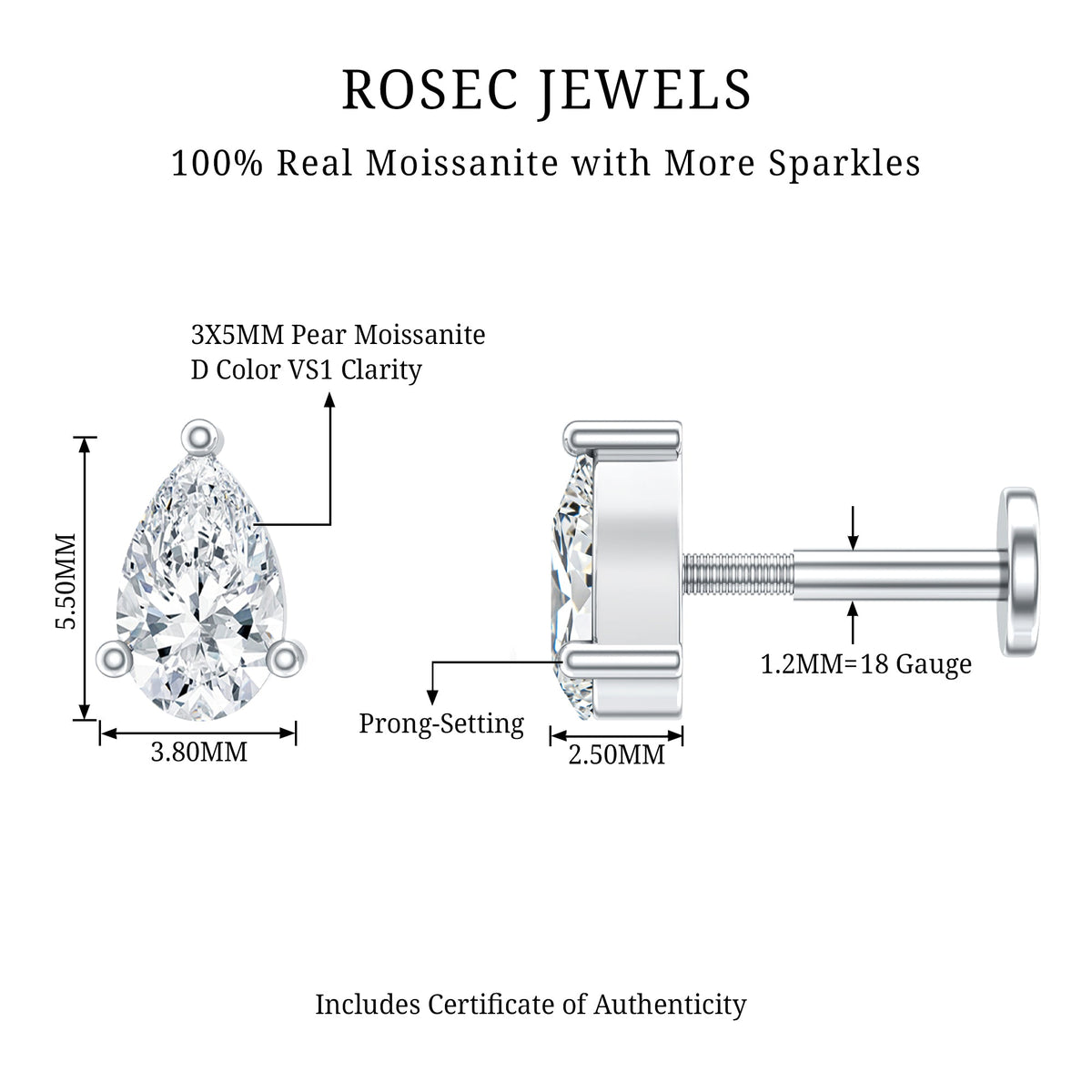 Pear Shape Moissanite Solitaire Conch Earring