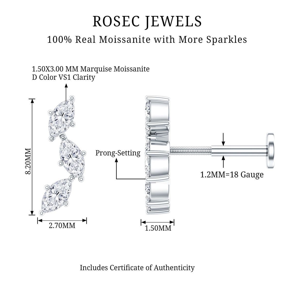 Pendiente de tragus de moissanita con corte marquesa de 3 piedras