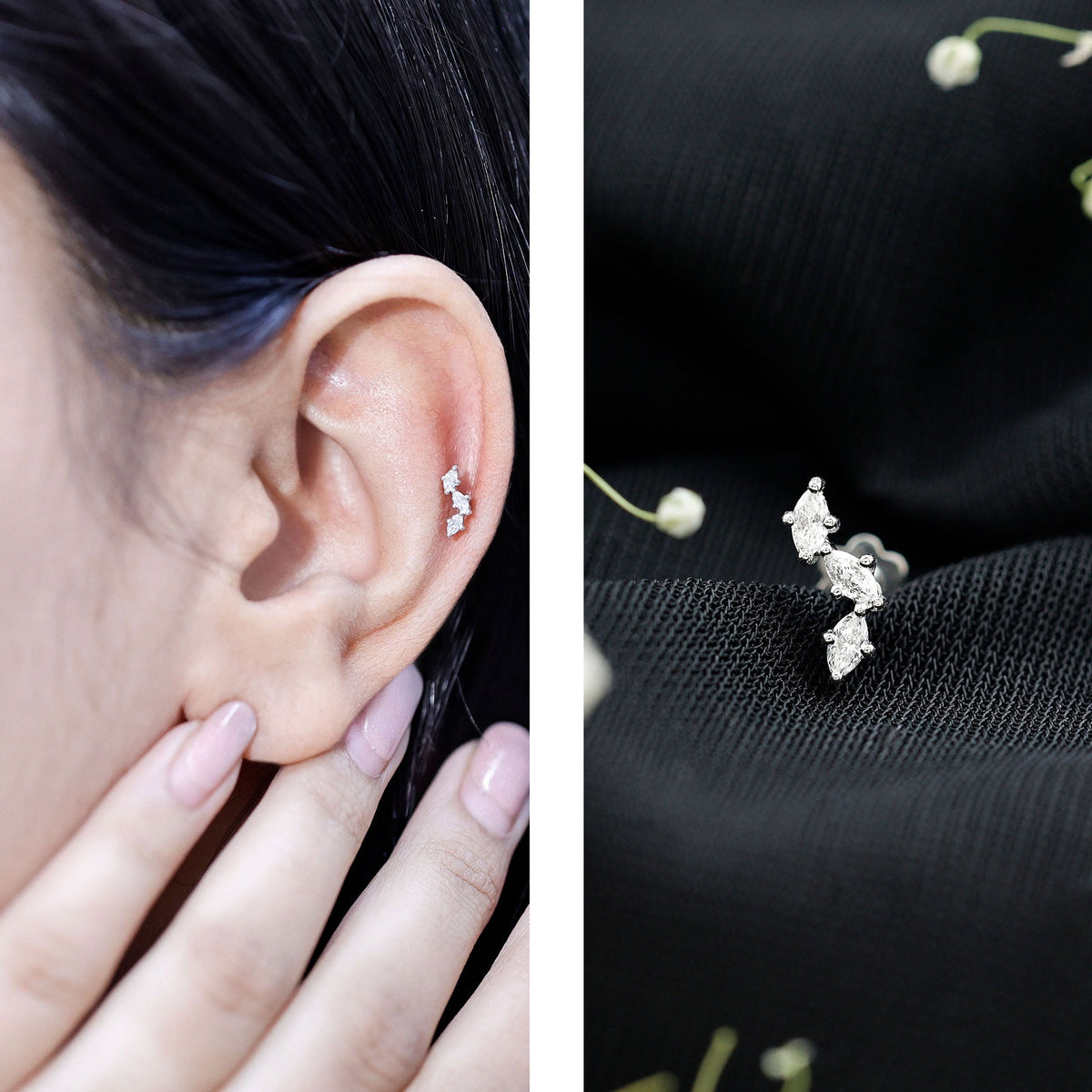 Pendiente de tragus de moissanita con corte marquesa de 3 piedras