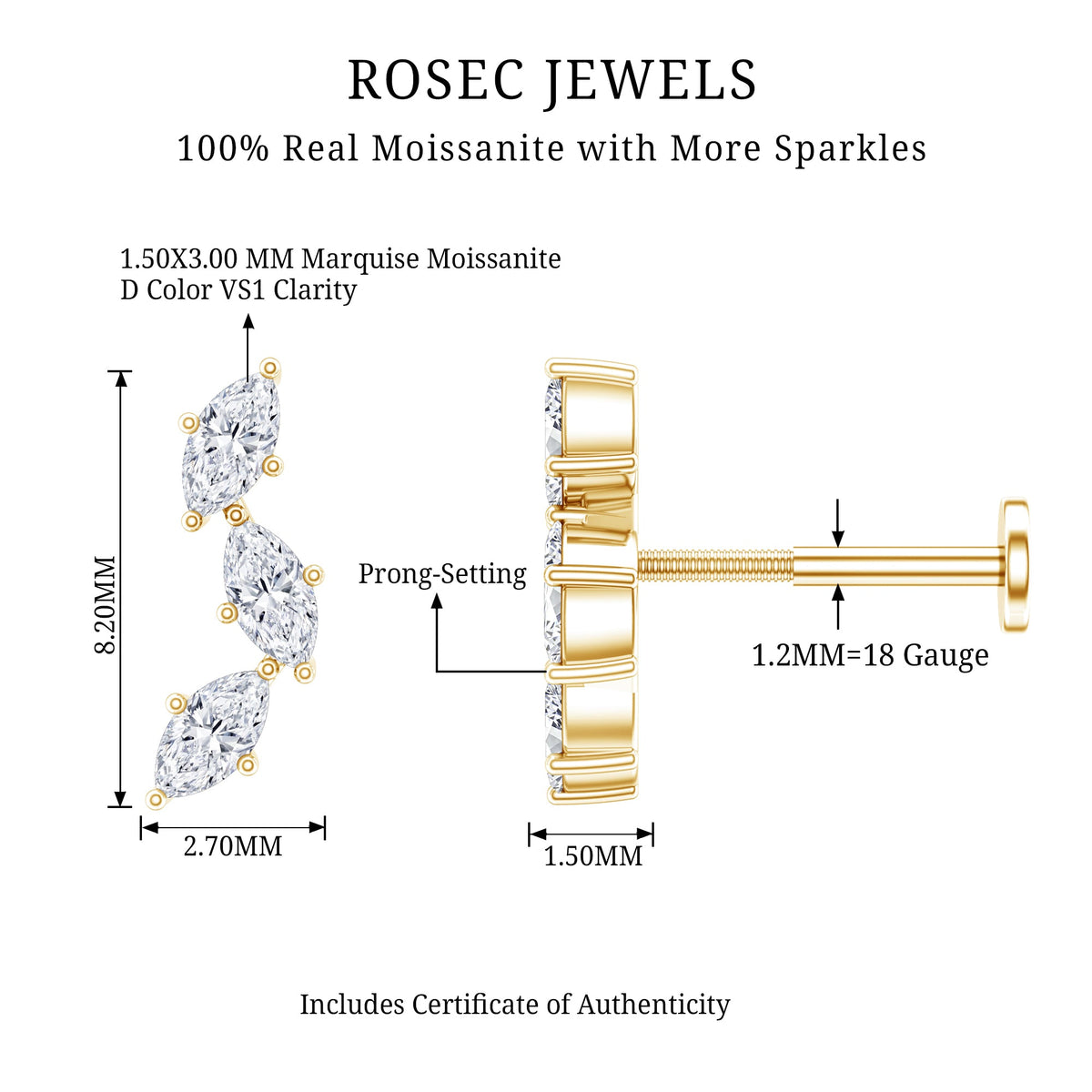 Pendiente de tragus de moissanita con corte marquesa de 3 piedras