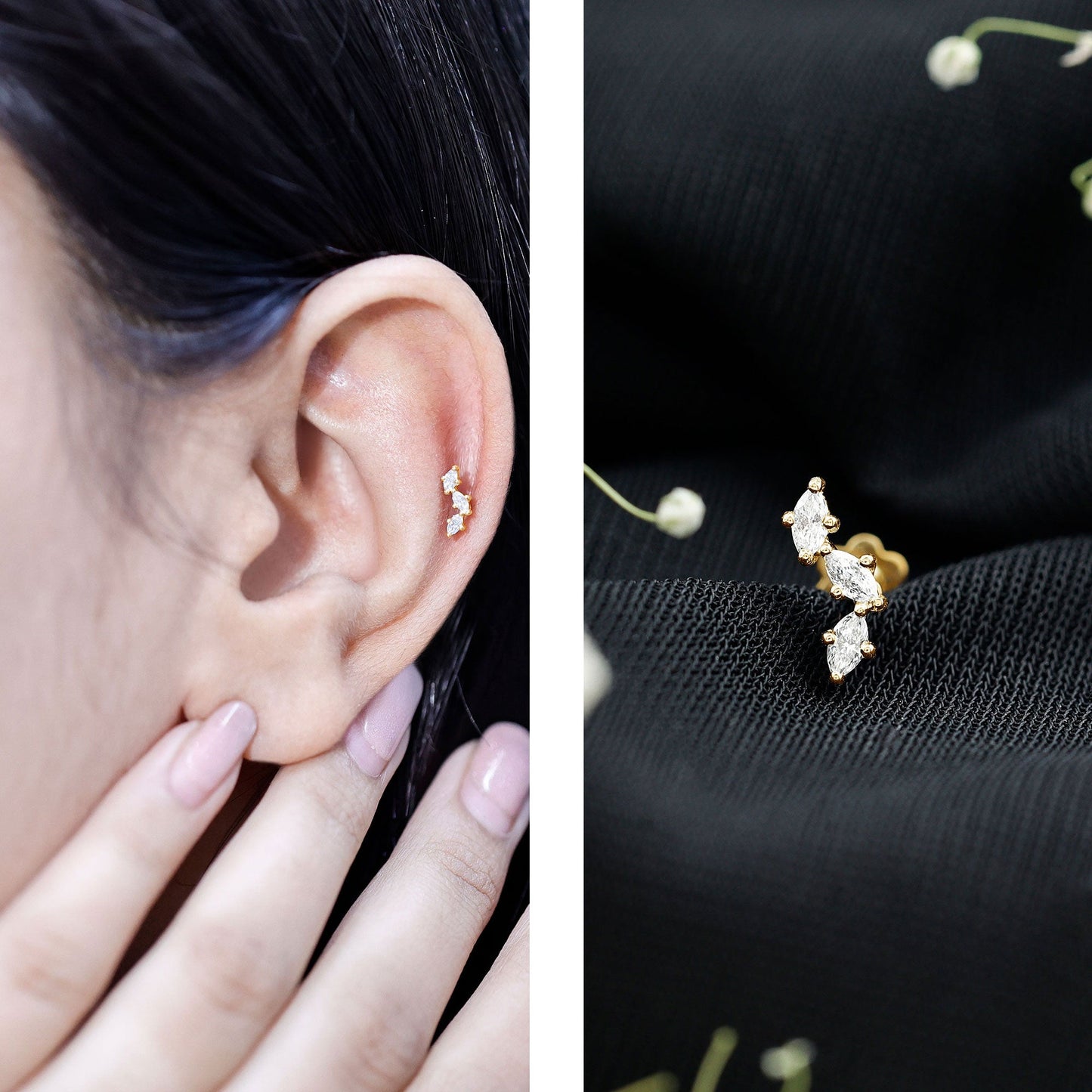 Pendiente de tragus de moissanita con corte marquesa de 3 piedras