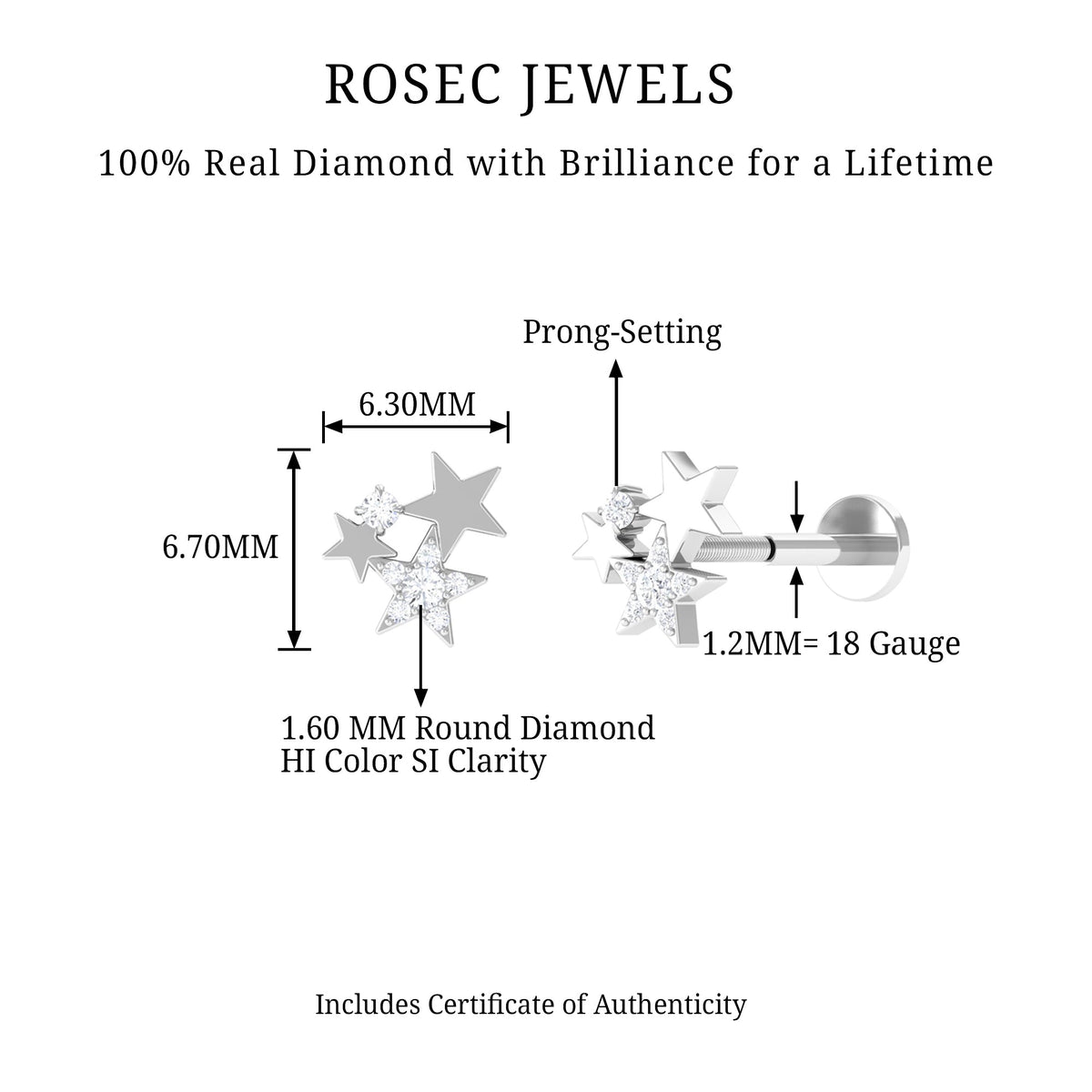 Pendiente de cartílago en forma de estrella con diamante natural talla redonda