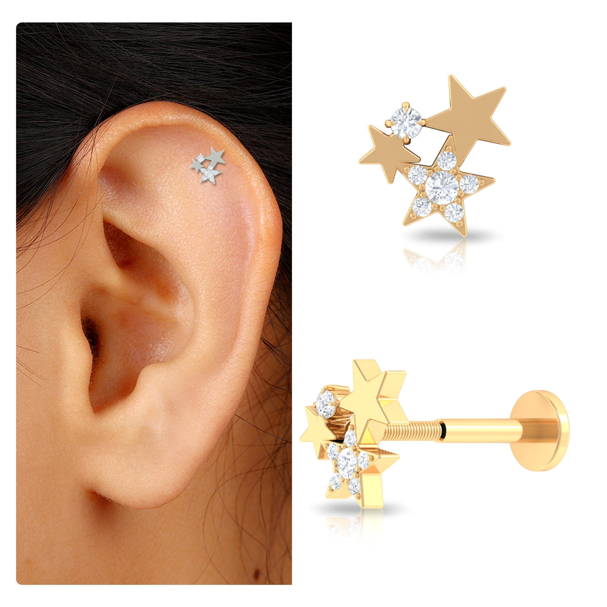 Pendiente de cartílago en forma de estrella con diamante natural talla redonda