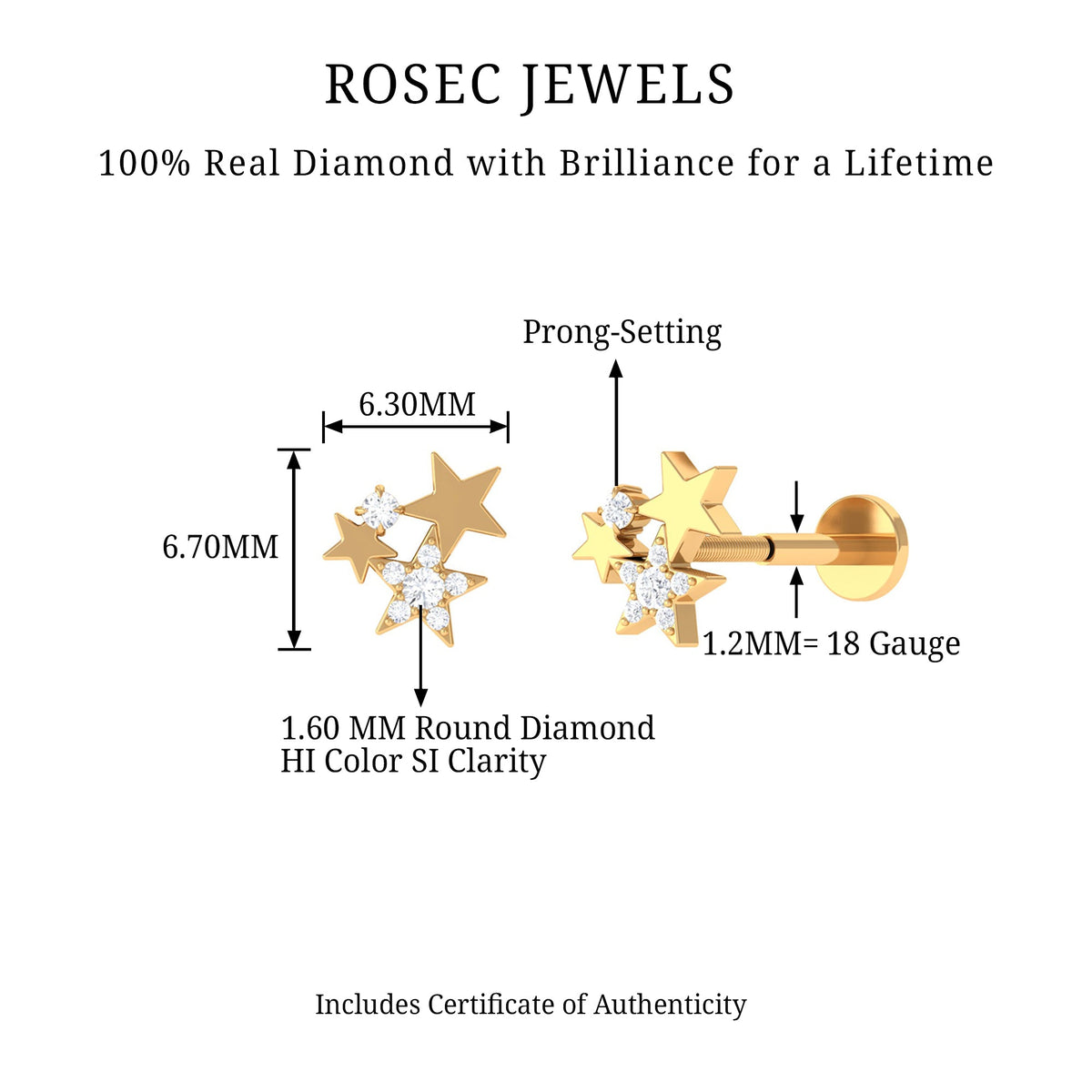 Pendiente de cartílago en forma de estrella con diamante natural talla redonda