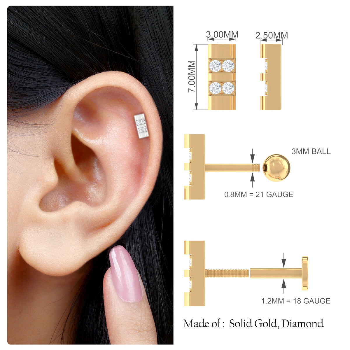 Dainty Diamond Bar Stud Earring for Helix Piercing in Gold