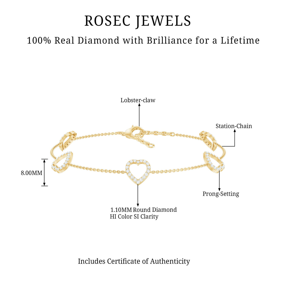 Certified Diamond Heart Chain Bracelet in Prong Setting