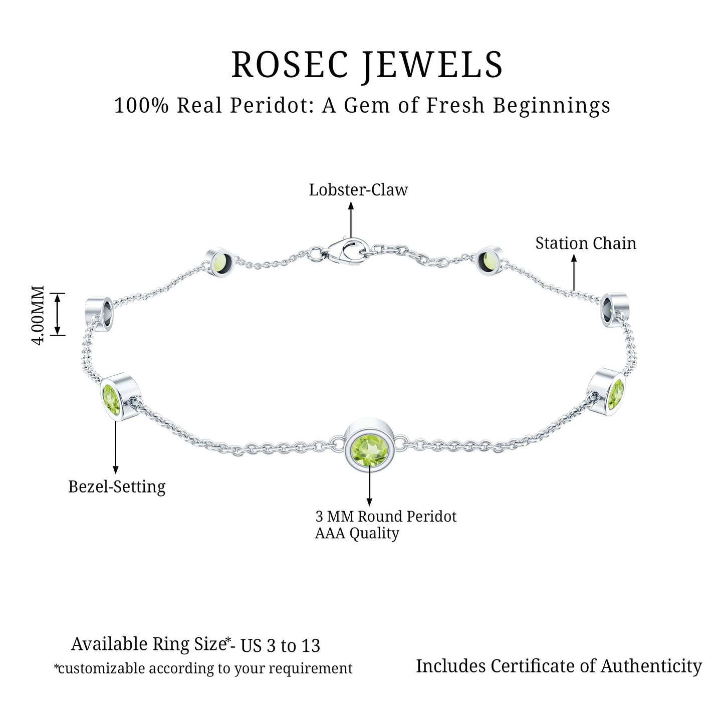Pulsera de siete peridotos engastados en bisel