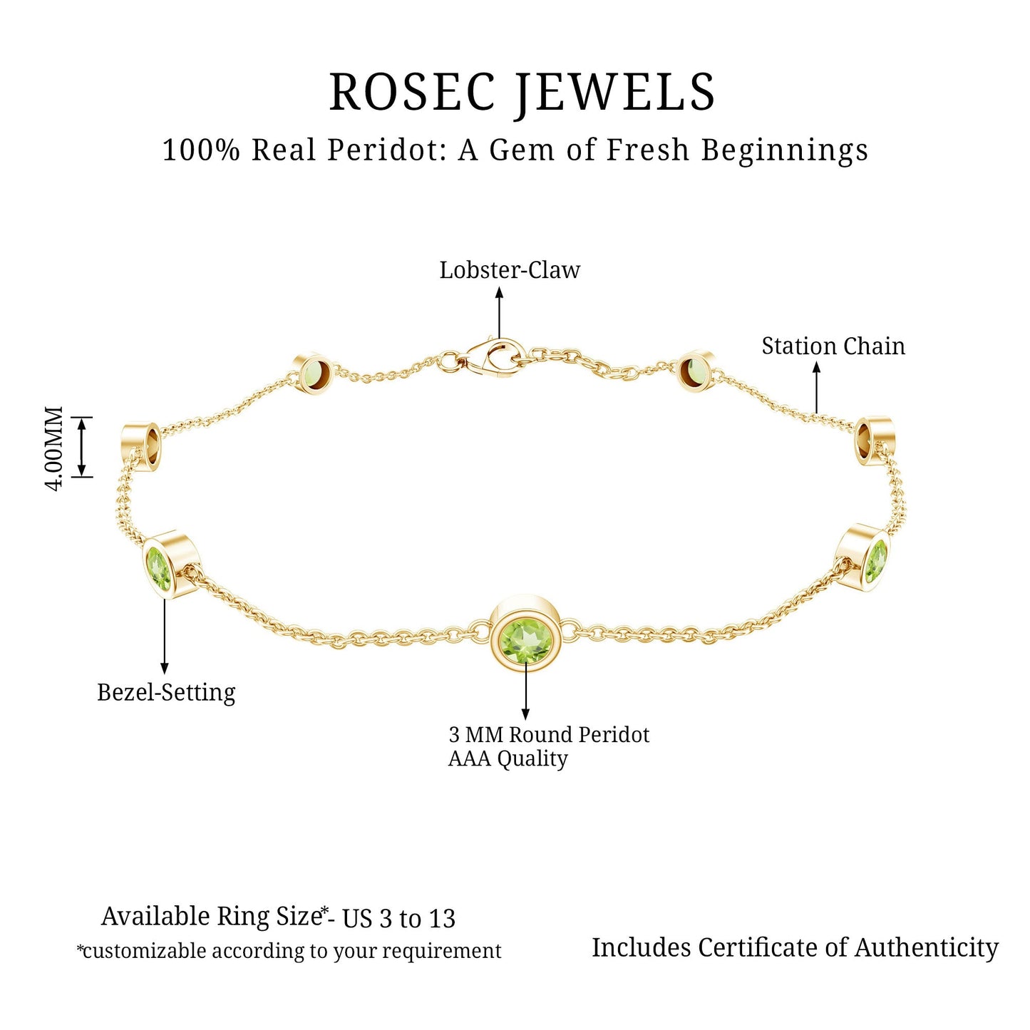 Pulsera de siete peridotos engastados en bisel