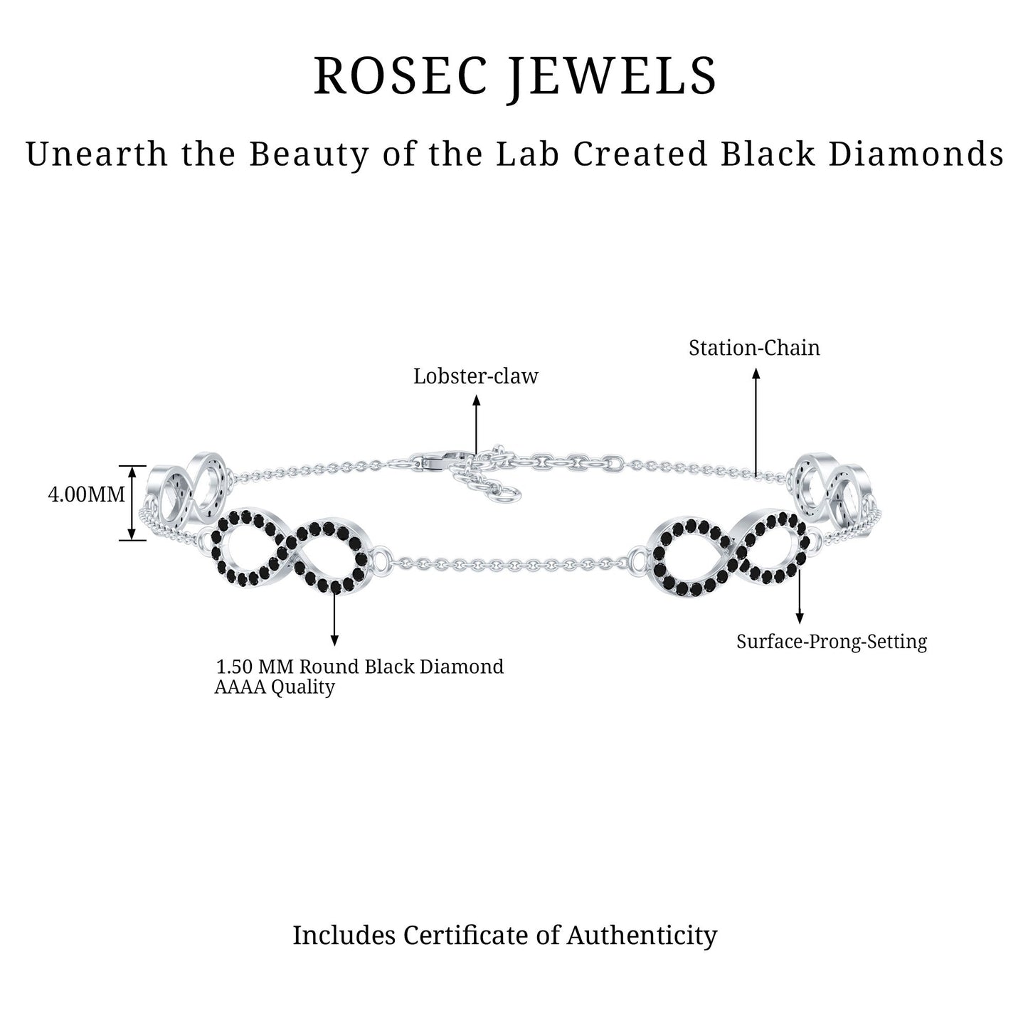 Pulsera de cadena de infinito con diamantes negros cultivados en laboratorio certificados