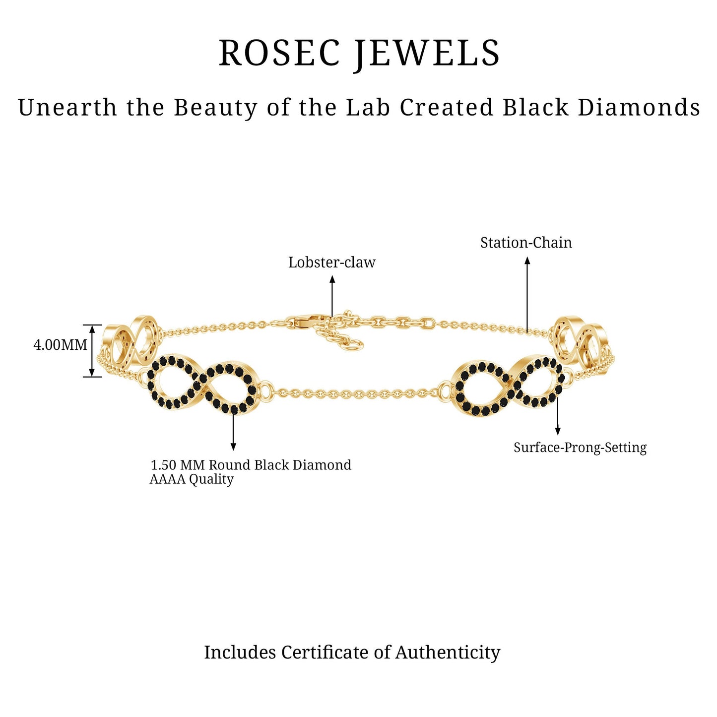 Pulsera de cadena de infinito con diamantes negros cultivados en laboratorio certificados