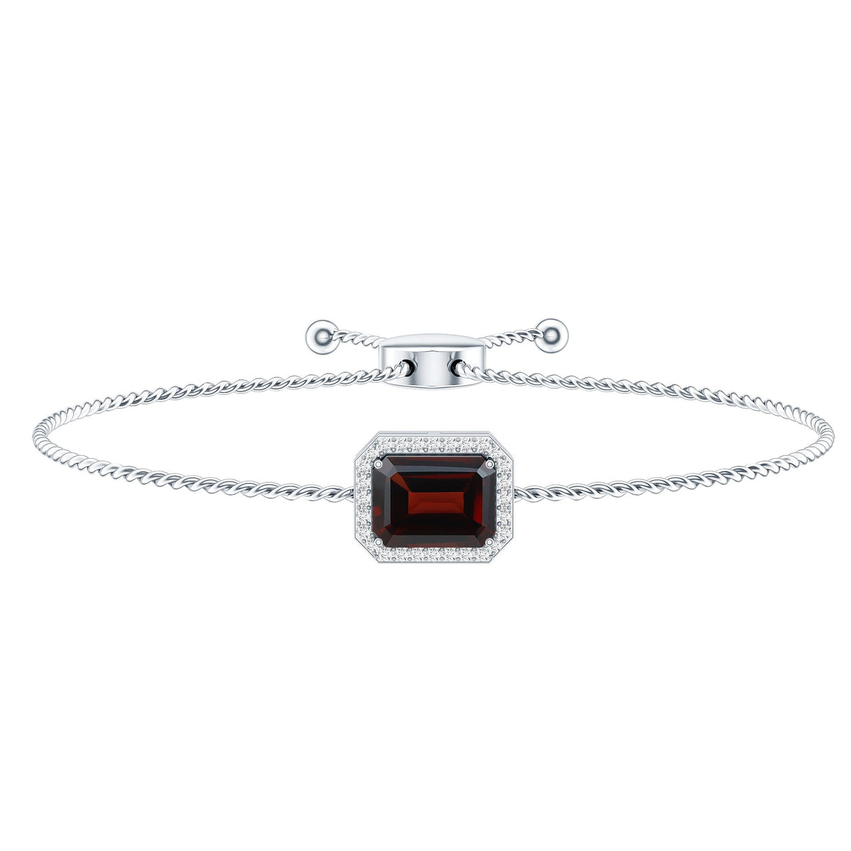 Real 2 Carat Emerald Cut Garnet Bolo Bracelet with Diamond Halo