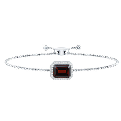 Real 2 Carat Emerald Cut Garnet Bolo Bracelet with Diamond Halo