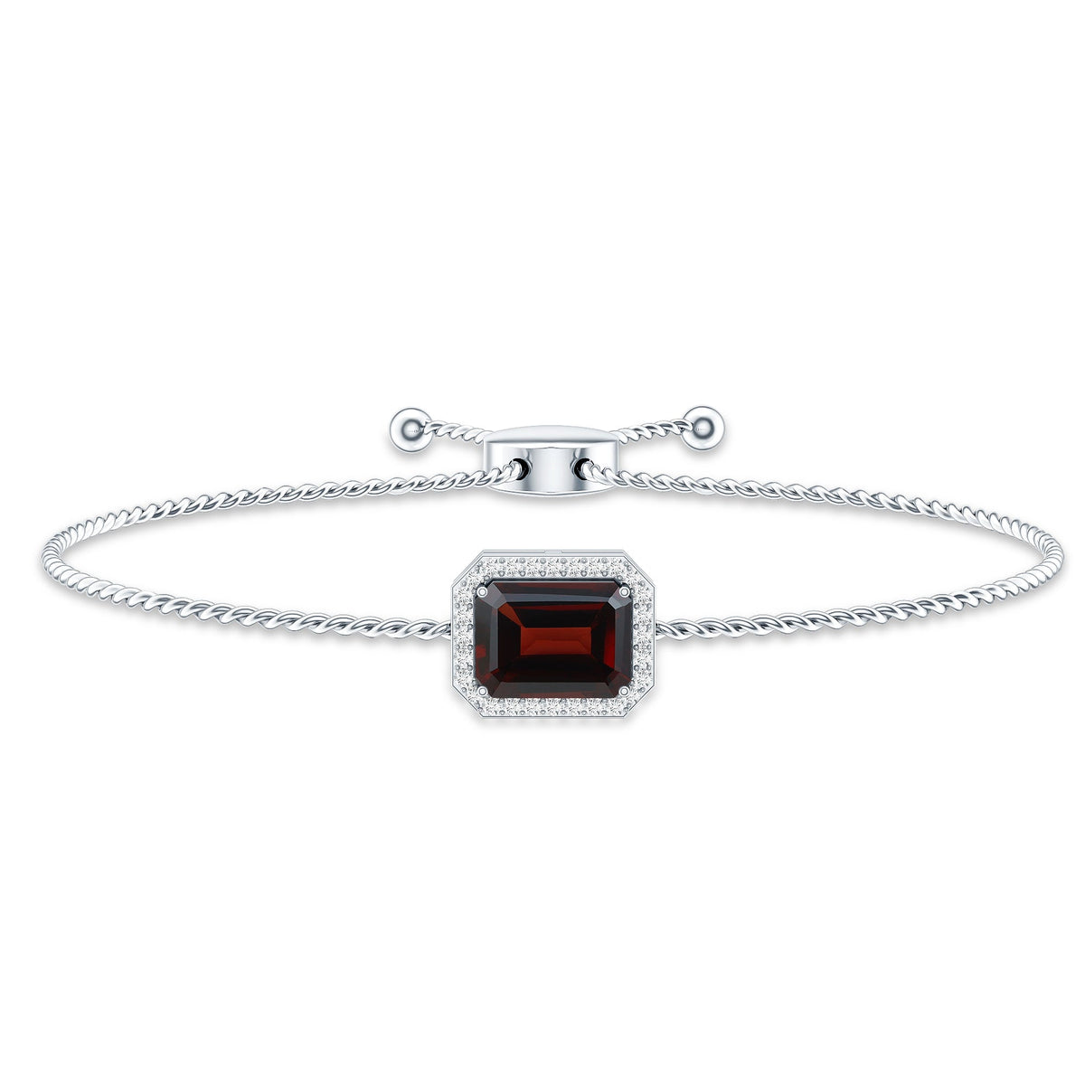 Real 2 Carat Emerald Cut Garnet Bolo Bracelet with Diamond Halo