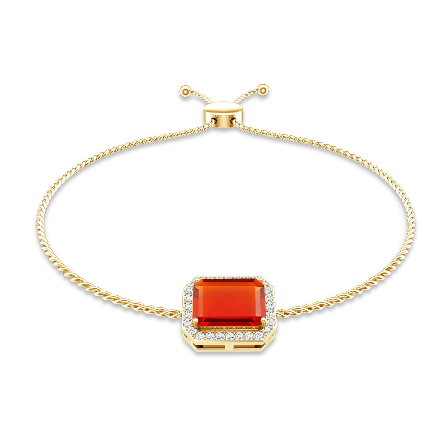 Real 1 Carat Emerald Cut Fire Opal Bolo Bracelet with Diamond Halo