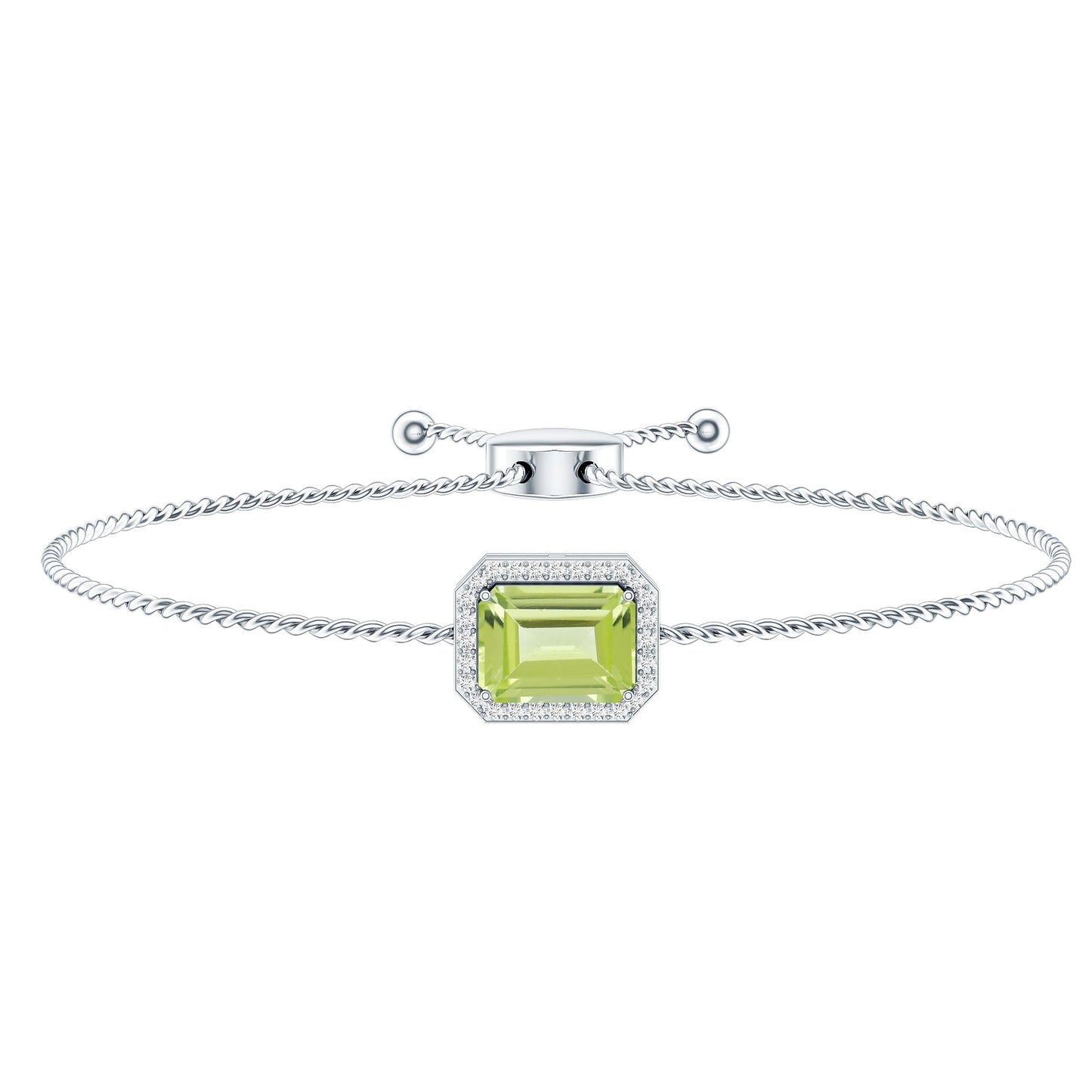 Pulsera de cadena ajustable con peridoto talla esmeralda de 1,8 quilates y diamantes