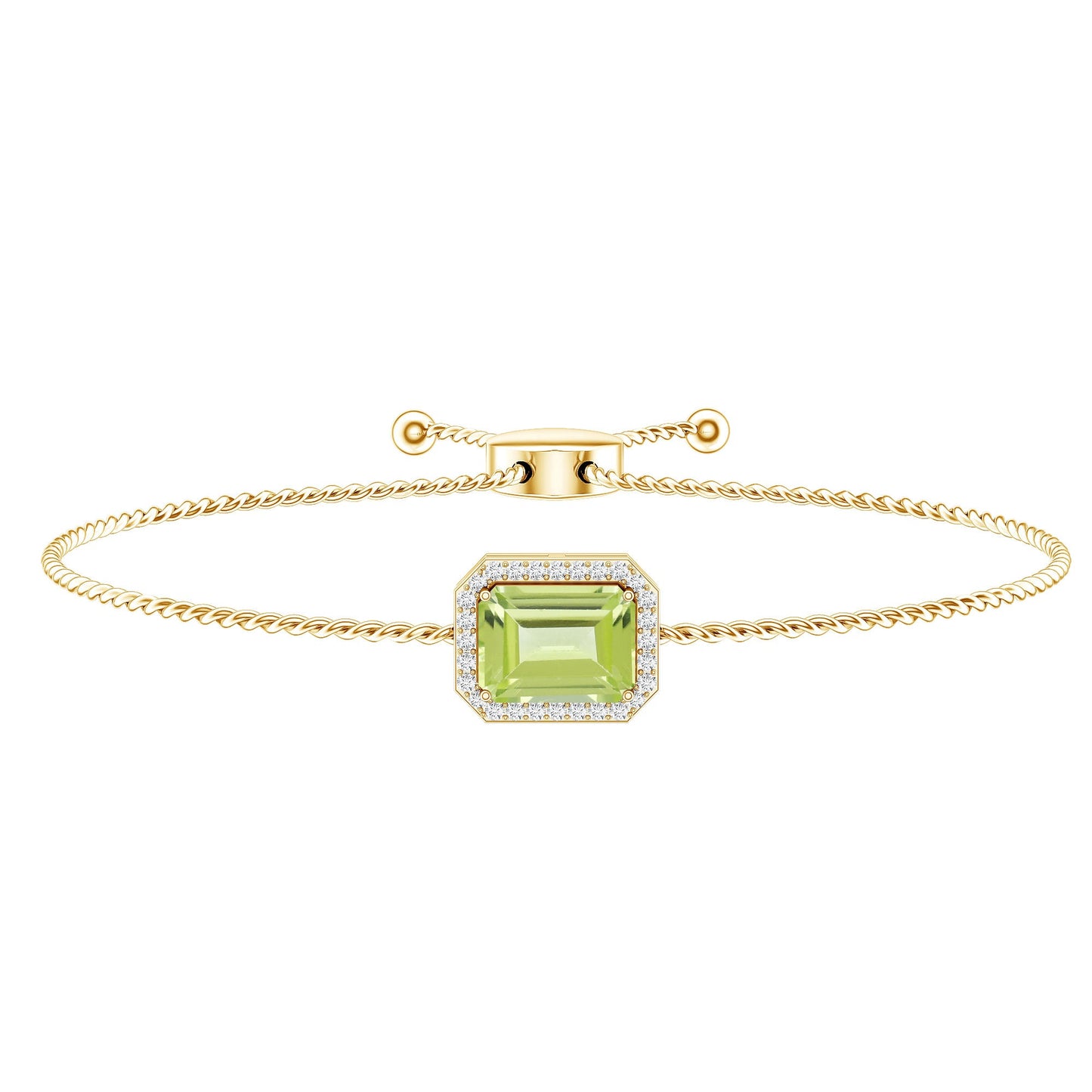 Pulsera de cadena ajustable con peridoto talla esmeralda de 1,8 quilates y diamantes