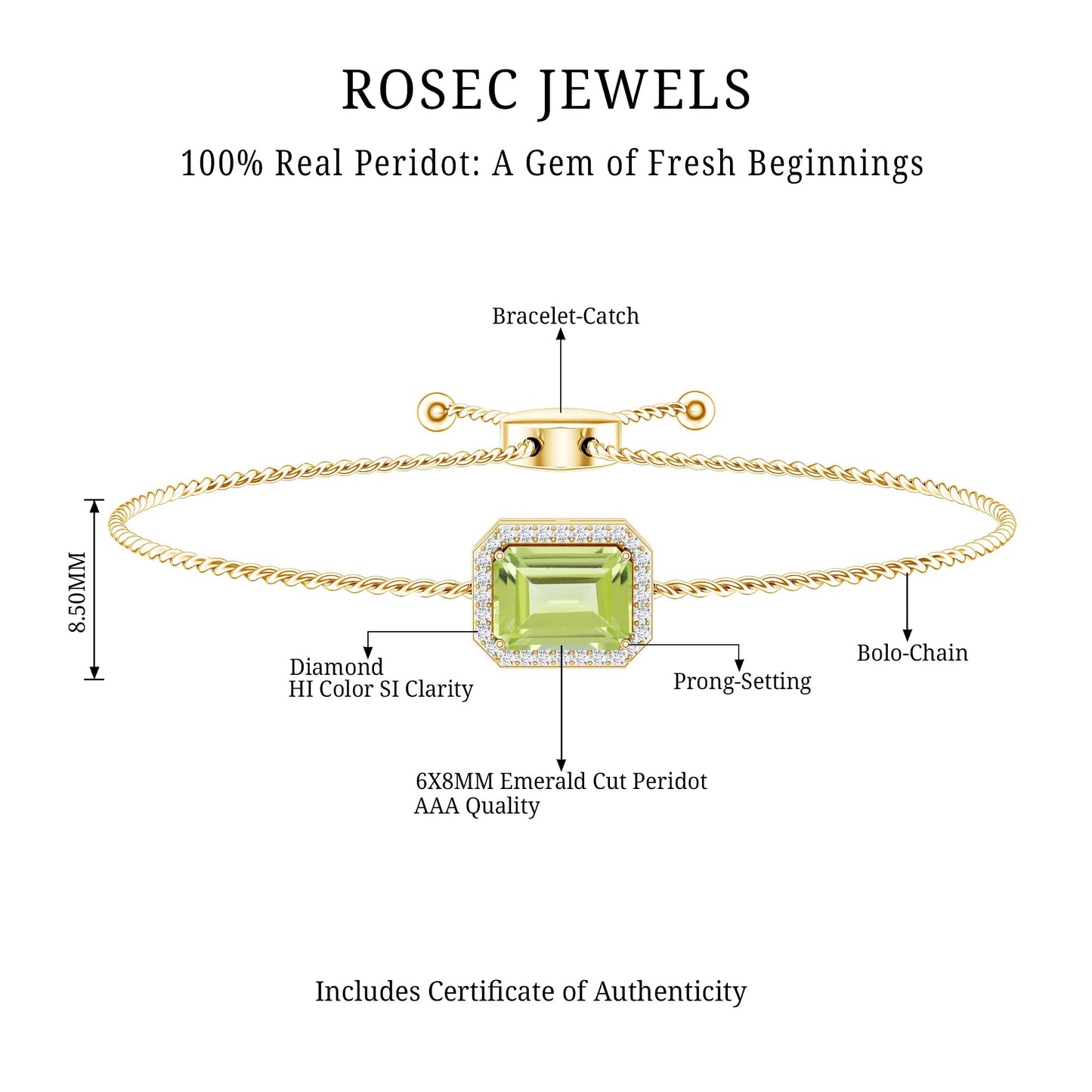 Pulsera de cadena ajustable con peridoto talla esmeralda de 1,8 quilates y diamantes