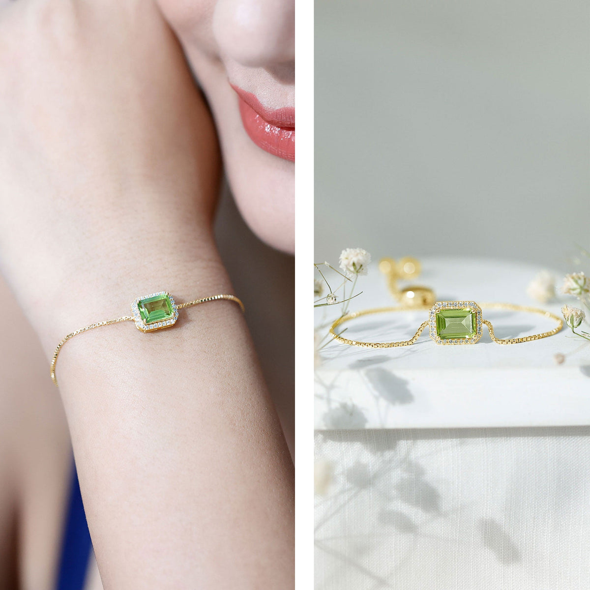 Pulsera de cadena ajustable con peridoto talla esmeralda de 1,8 quilates y diamantes