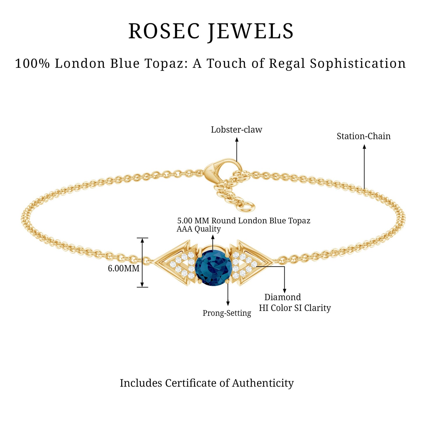 Pulsera de cadena de topacio azul de Londres auténtico y diamantes