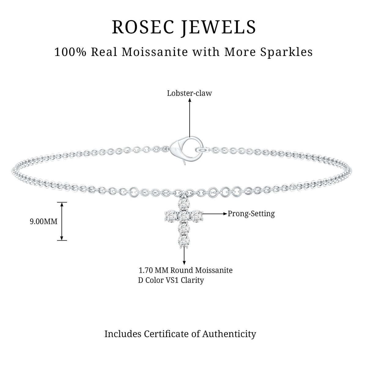 Certified Moissanite Cross Charm Chain Bracelet for Women