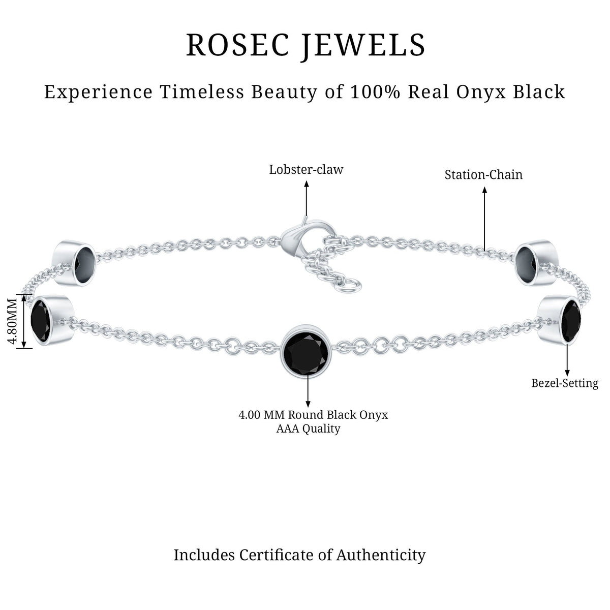 Black Onyx Station Chain Bracelet for Women