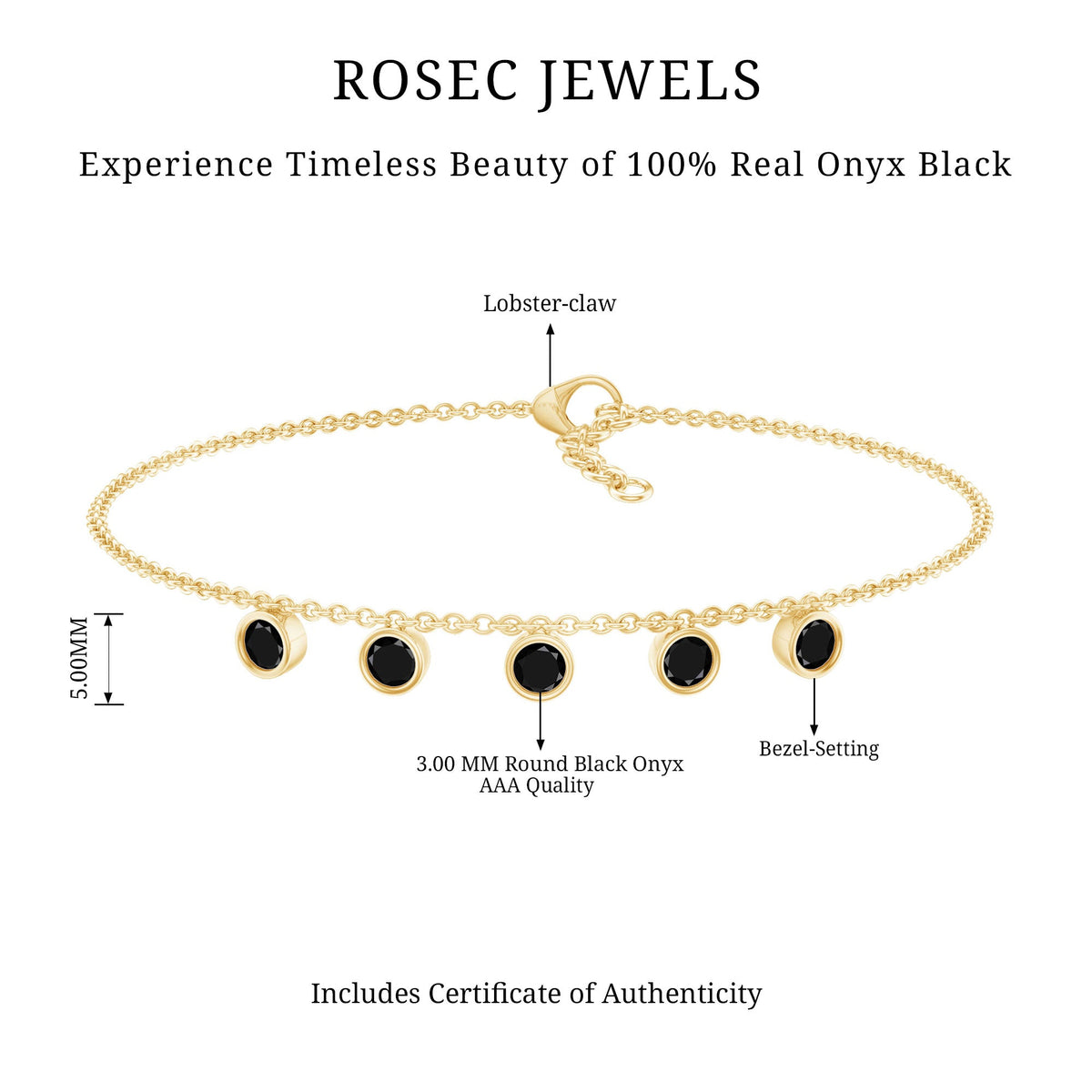 Certified Five Stone Black Onyx Charm Bracelet for Women