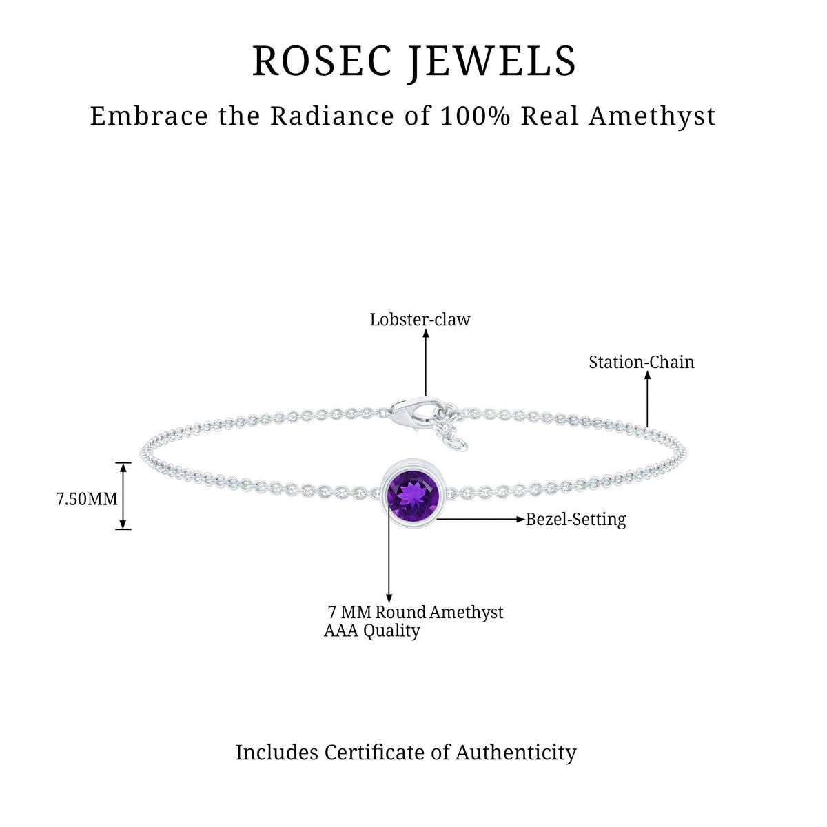1.2 Carat Genuine Amethyst Solitaire Chain Bracelet in Bezel Set