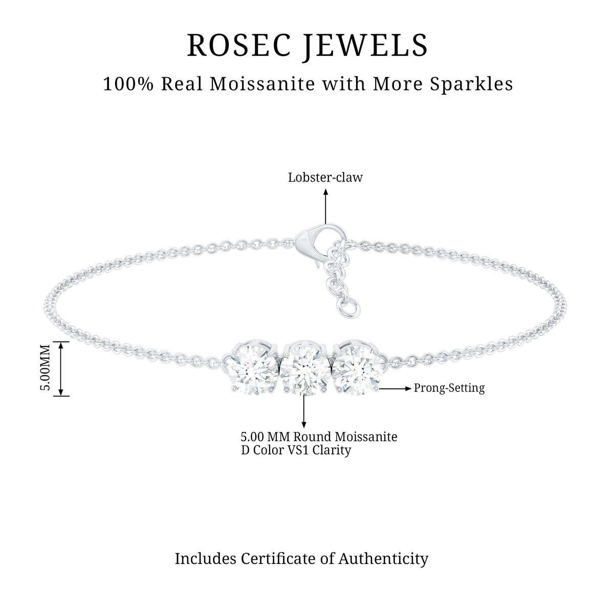 Three Stone Moissanite Chain Bracelet