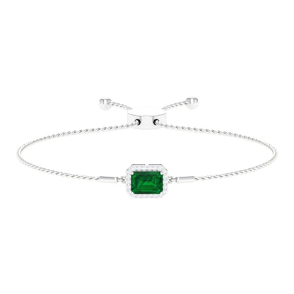 1.6 Carat Emerald Cut Lab Created Emerald Bolo Bracelet with Diamond Halo