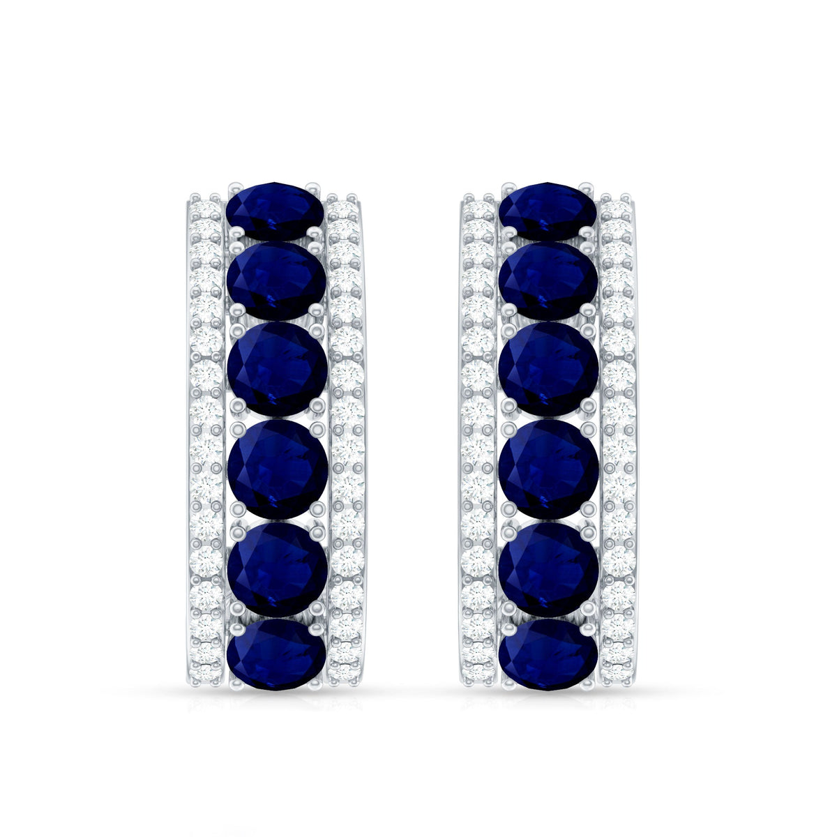 Real Blue Sapphire and Diamond Half Hoop Earrings