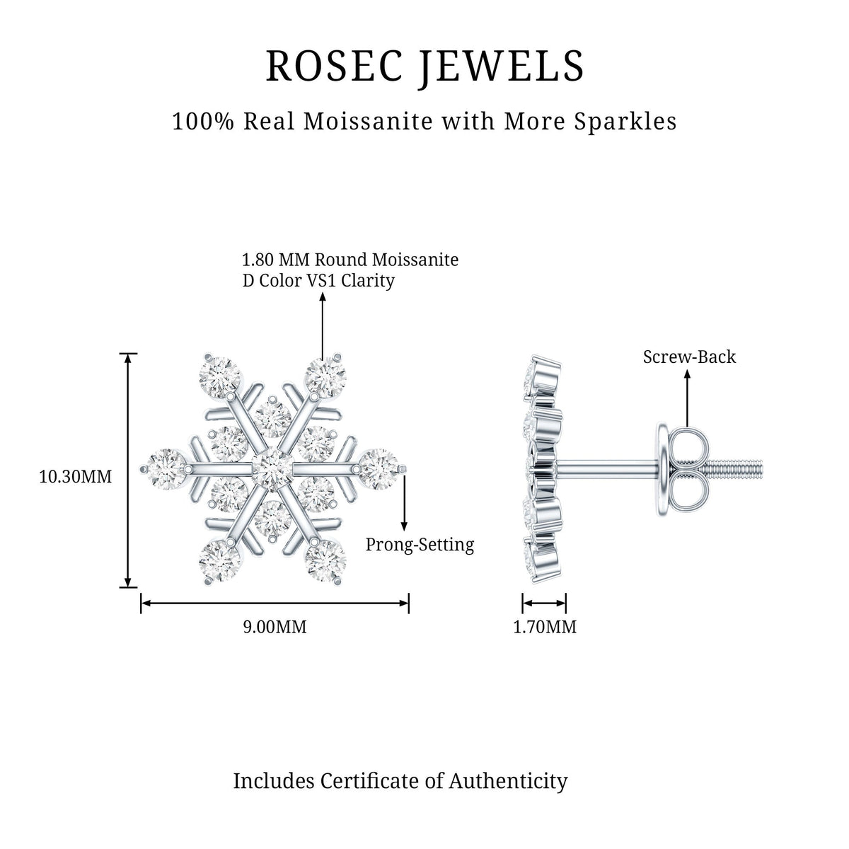 Moissanite Snowflake Stud Earrings for Her