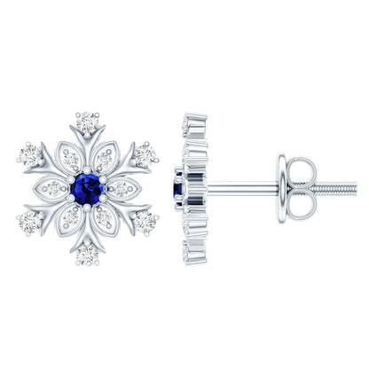 Created Blue Sapphire Snowflake Stud Earrings with Moissanite