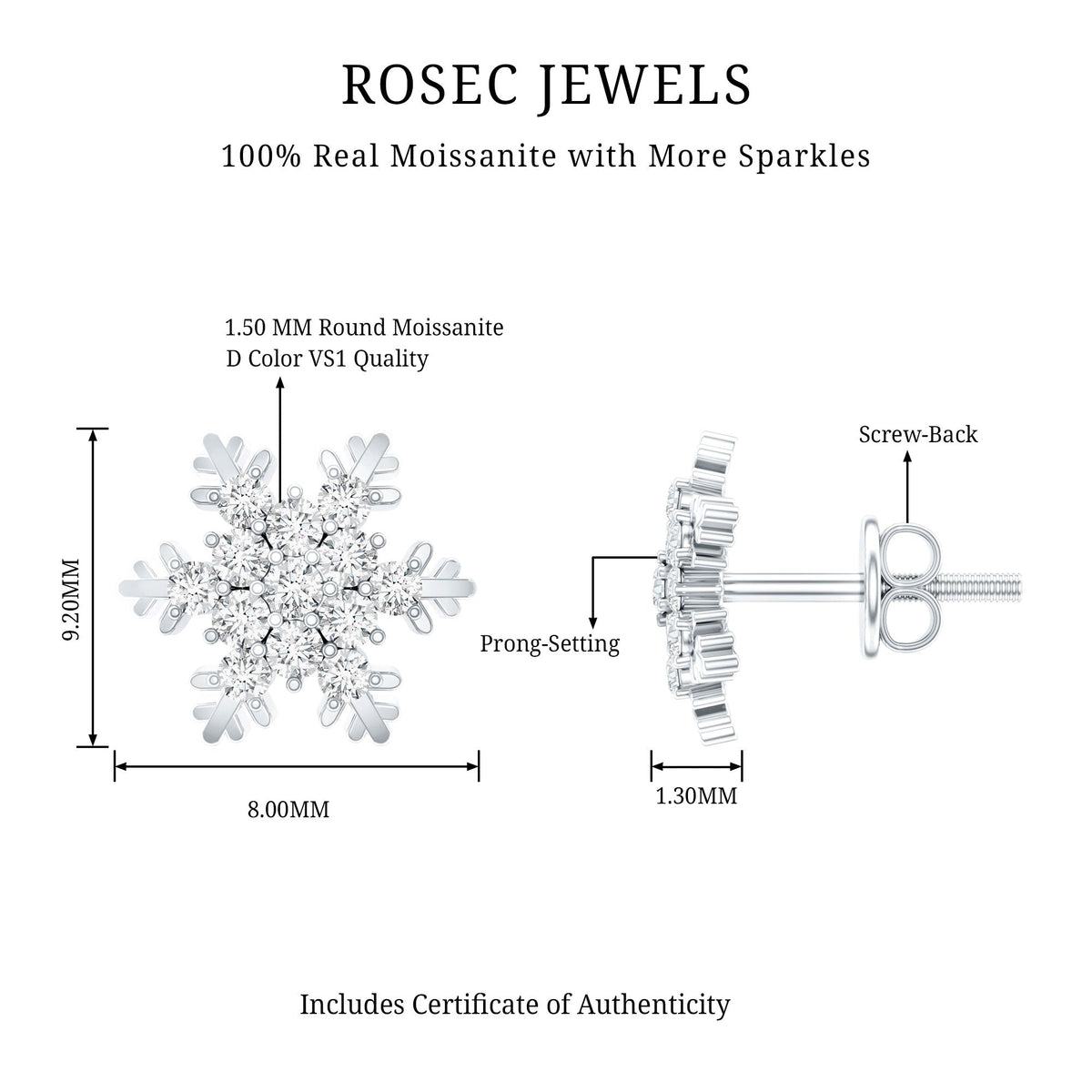 Certified Moissanite Winter Snowflake Stud Earrings