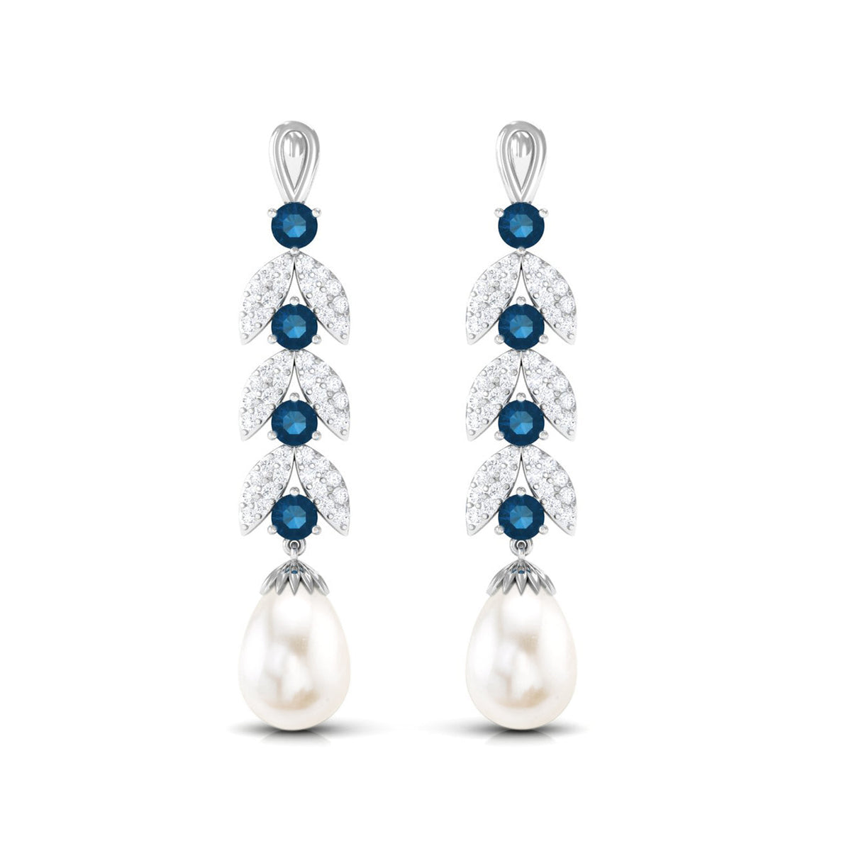 Freshwater Pearl Dangle Earrings with Blue Topaz and Diamond