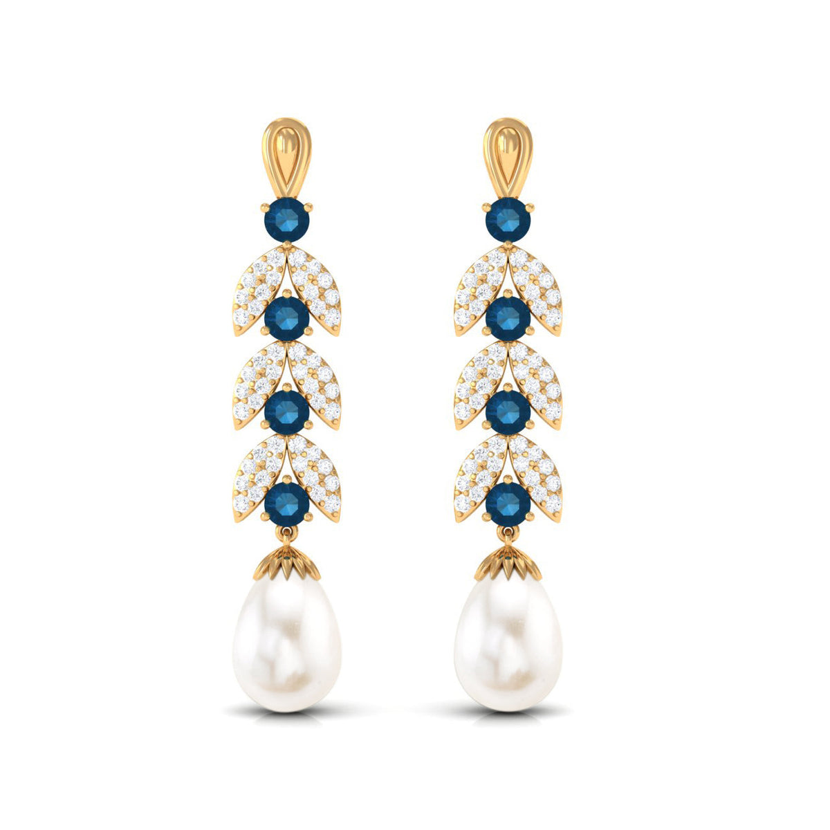 Freshwater Pearl Dangle Earrings with Blue Topaz and Diamond