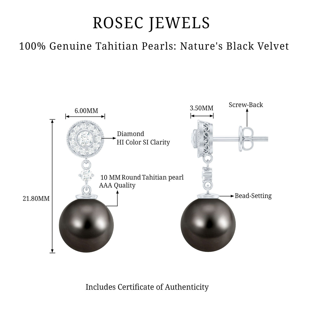 Natural 16 Carat Tahitian Pearl Diamond Drop Earrings for Women
