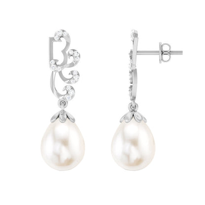 12 Carat Freshwater Pearl Designer Drop Earrings with Diamond