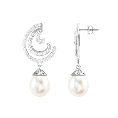 Designer Freshwater Pearl Bridal Drop Earrings with Diamond