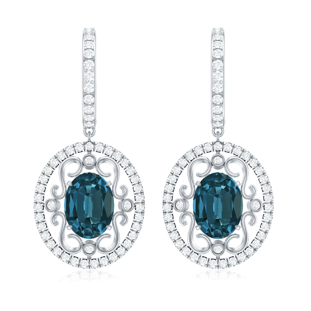 Vintage Inspired London Blue Topaz and Diamond Wedding Drop Earrings