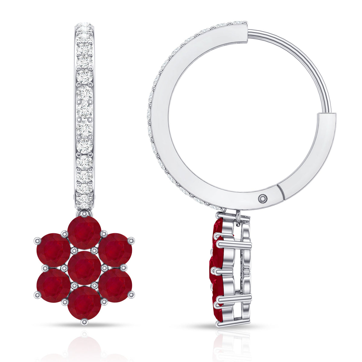 Certified Ruby Flower Drop Earrings with Diamond Hoop