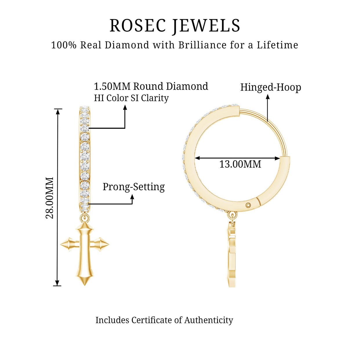 Certified Diamond Cross Drop Hoop Earrings
