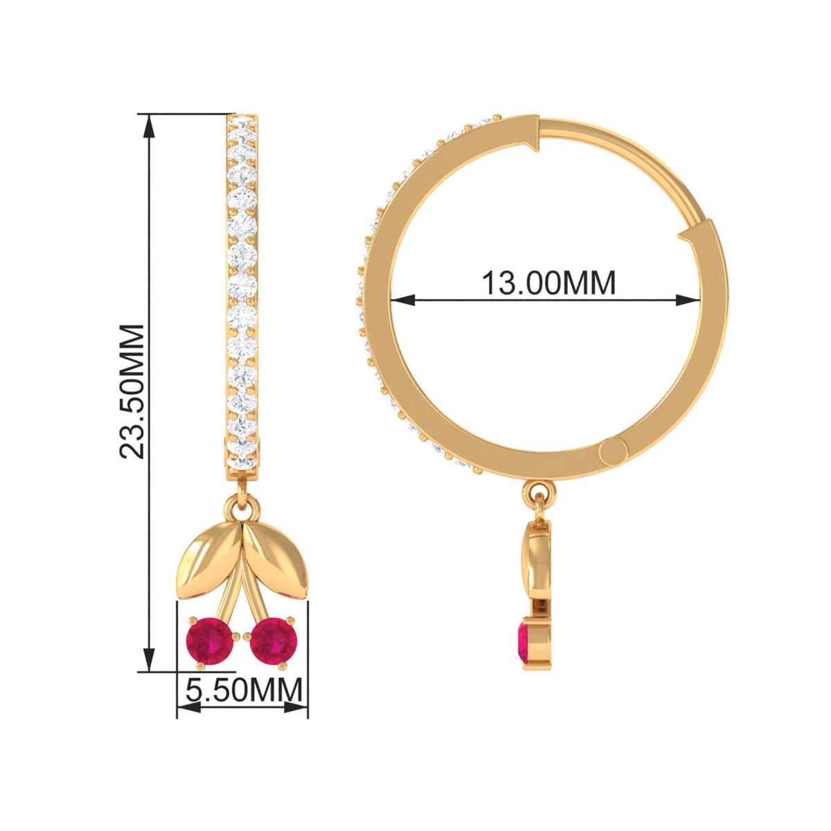 Natural Ruby Cherry Drop Hoop Earrings with Diamond
