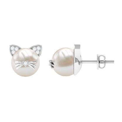 14.9 Carat Freshwater Pearl and Diamond Kitten Stud Earrings